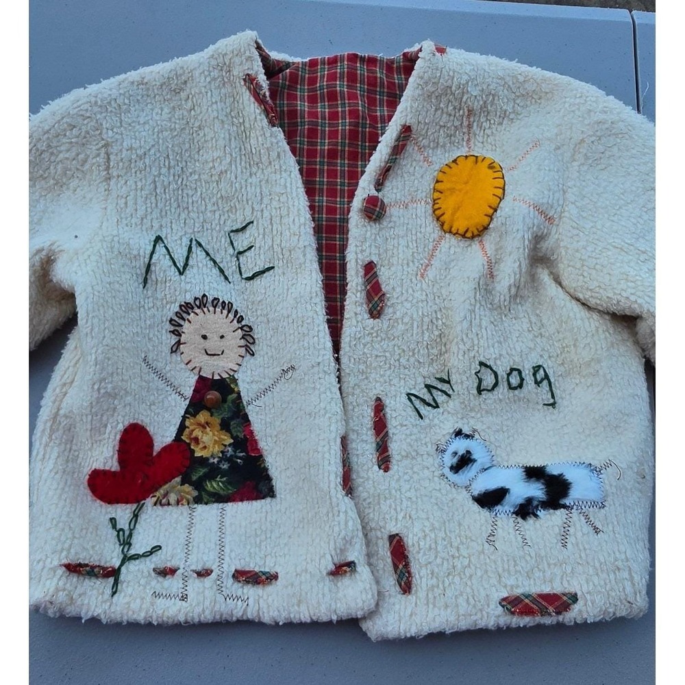 Vintage Handmade Kids Sherpa Fleece Jacket Plaid Lined Family Applique Wool Dog